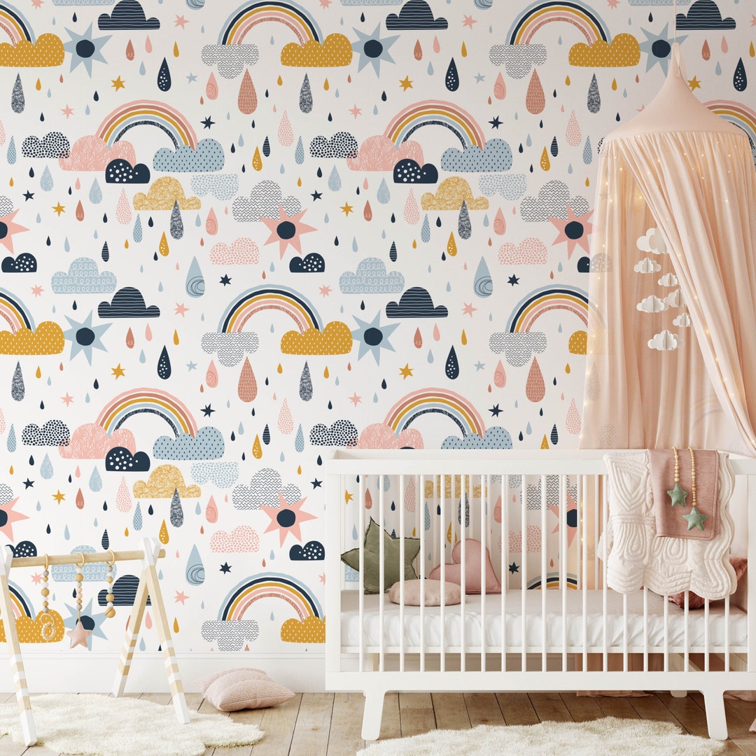 Rainbow Nursery Wallpaper, Removable Stick on Watercolor Wallpaper, Pre ...