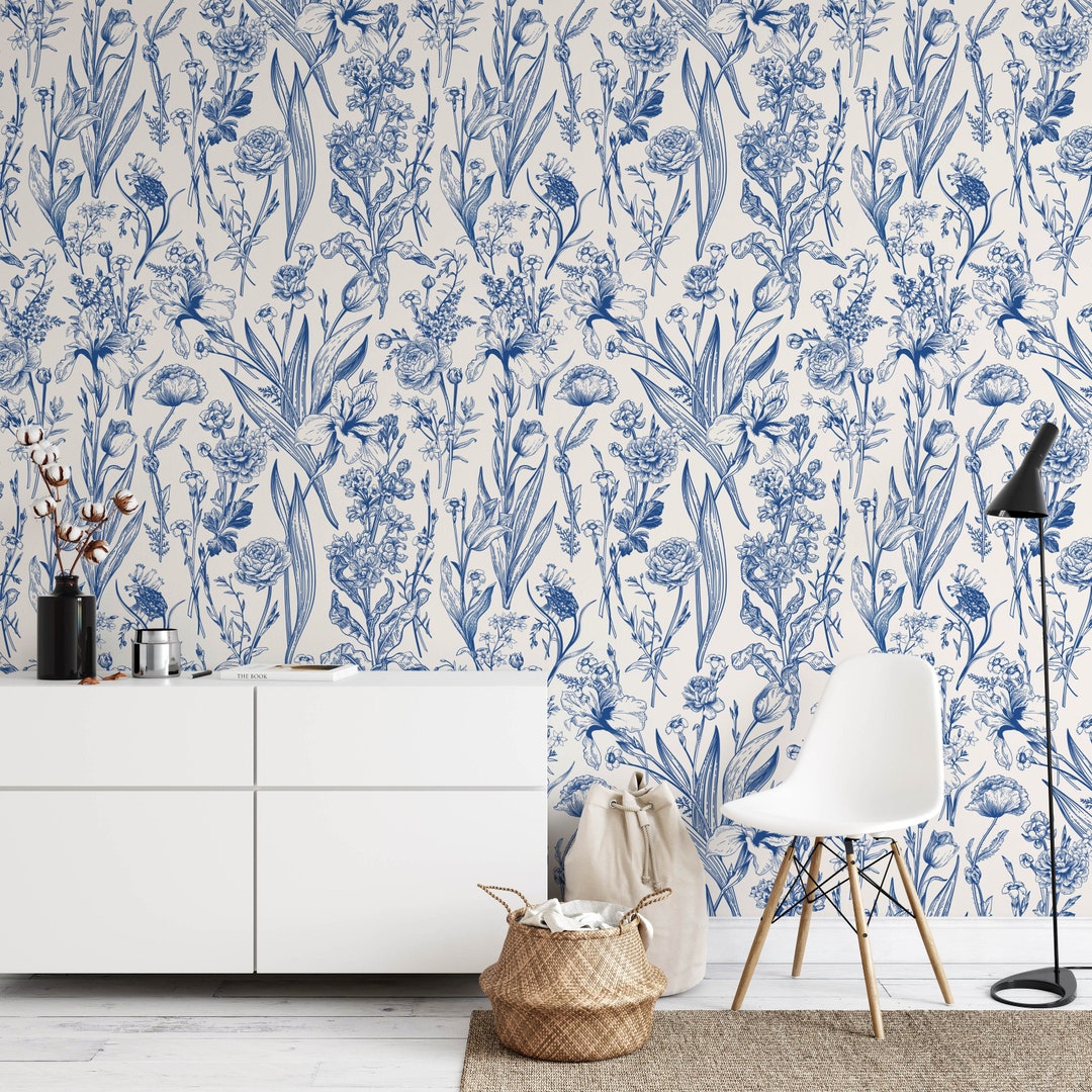 Removable Blue Floral Wallpaper, Mural Floral Wallpaper, Botanical
