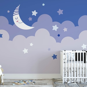 Stars and Moon Nursery Wallpaper, Stick On Wallpaper rimovibile, pre-incollato. Carta da parati per camera da parati per bambini, decorazione per carta da parati rimovibile per bambini