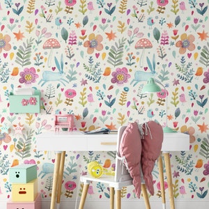 Rabbit Floral Nursery Wallpaper, Removable Stick On Wallpaper, Pre-Pasted. Childrens Bedroom Wallpaper, Kid's Removable Wallpaper Decor