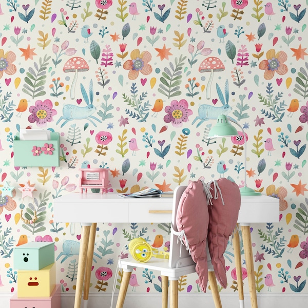 Papel pintado de vivero floral de conejo, adhesivo extraíble en papel pintado, prepegado. Papel pintado para dormitorio de niños, decoración de papel pintado extraíble para niños