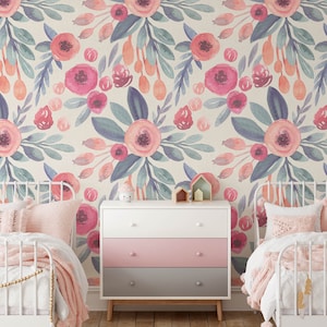 Floral Nursery Wallpaper, Removable Stick On Wallpaper, Pre-Pasted. Childrens Bedroom Wallpaper, Kid's Removable Wallpaper Decor