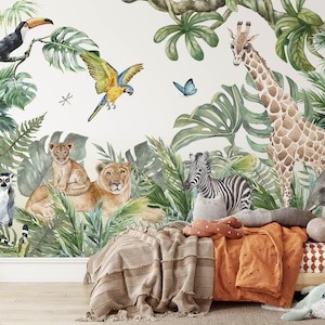 Safari Kinderzimmer Wallpaper, entfernbare Stick On Jungle Wallpaper, vorgeklebt. Kinderzimmer Tapete, Abnehmbare Tapeten-Dekor für Kinder