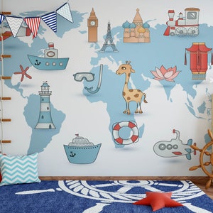 Ocean Nursery Wallpaper, bastone rimovibile su carta da parati Safari, pre-incollato. Carta da parati per camera da parati per bambini, decorazione per carta da parati rimovibile per bambini