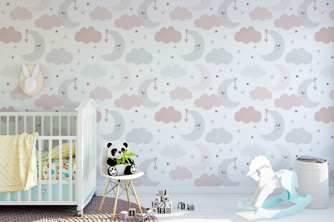 Stars and Moon Nursery Wallpaper, Removable Stick on Wallpaper, Pre