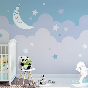 Stars and Moon Nursery Wallpaper, Stick On Wallpaper rimovibile, pre-incollato. Carta da parati per camera da parati per bambini, decorazione per carta da parati rimovibile per bambini