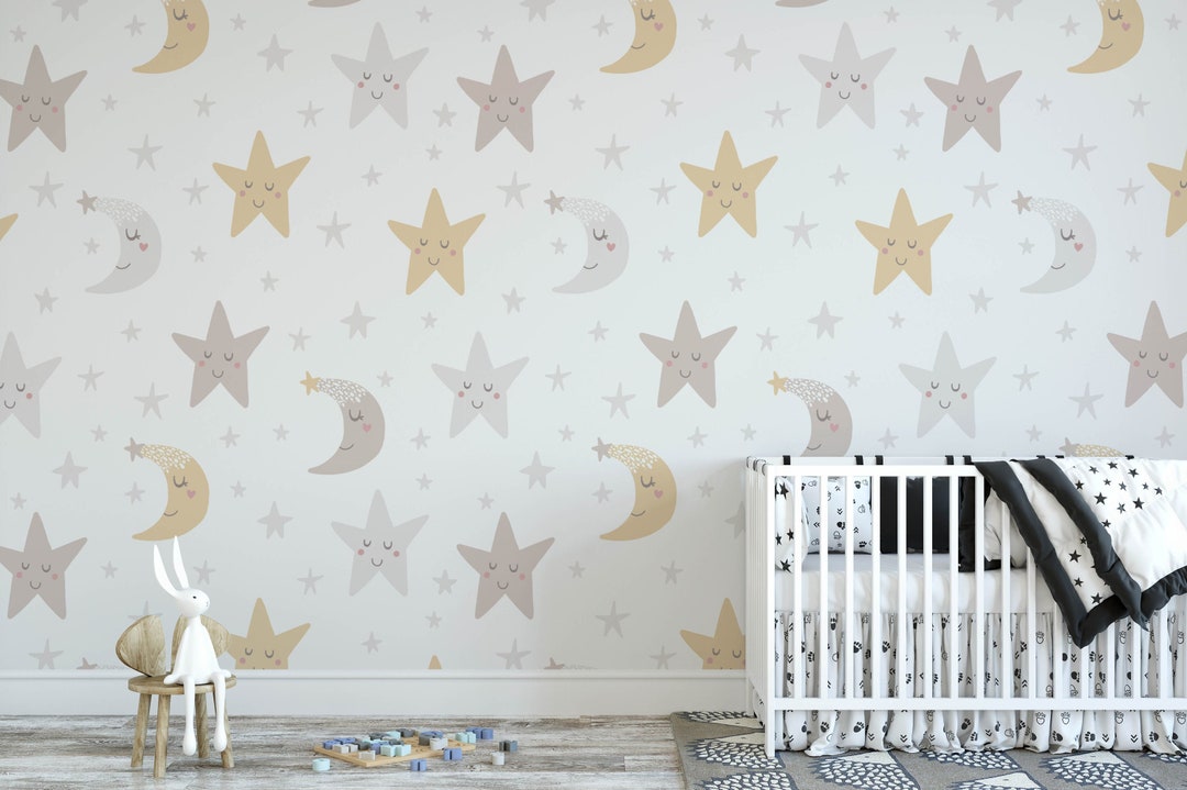 Stars and Moon Nursery Wallpaper, Removable Stick on Wallpaper, Pre ...
