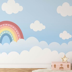 Rainbow Nursery Wallpaper, Bastone rimovibile su carta da parati ad acquerello, pre-incollato. Carta da parati per camera da parati per bambini, decorazione per carta da parati rimovibile per bambini