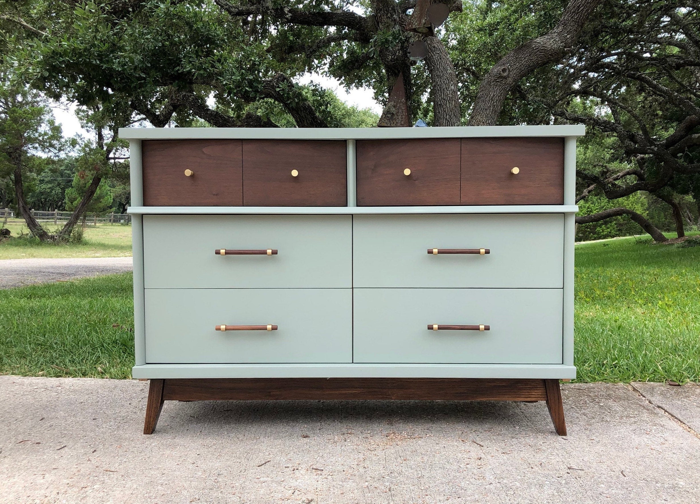 SOLD Refinished Mid Century Modern Sage / Green Dresser, Gold