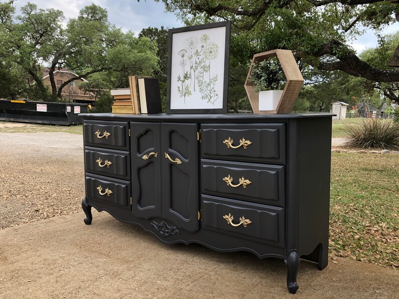 SOLD Refinished French Provincial Black Dresser, Brass Accents, Modern