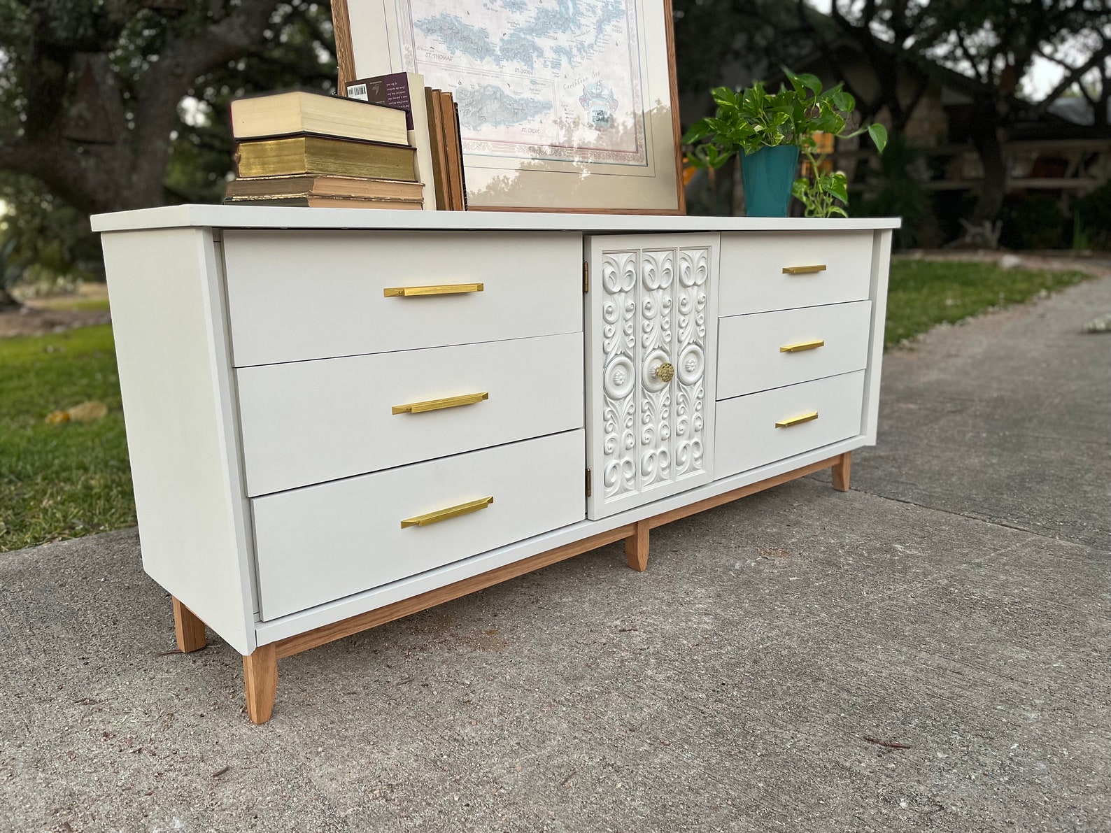 SOLD Refinished Modern White Dresser, Gold Accents, Painted Modern ...