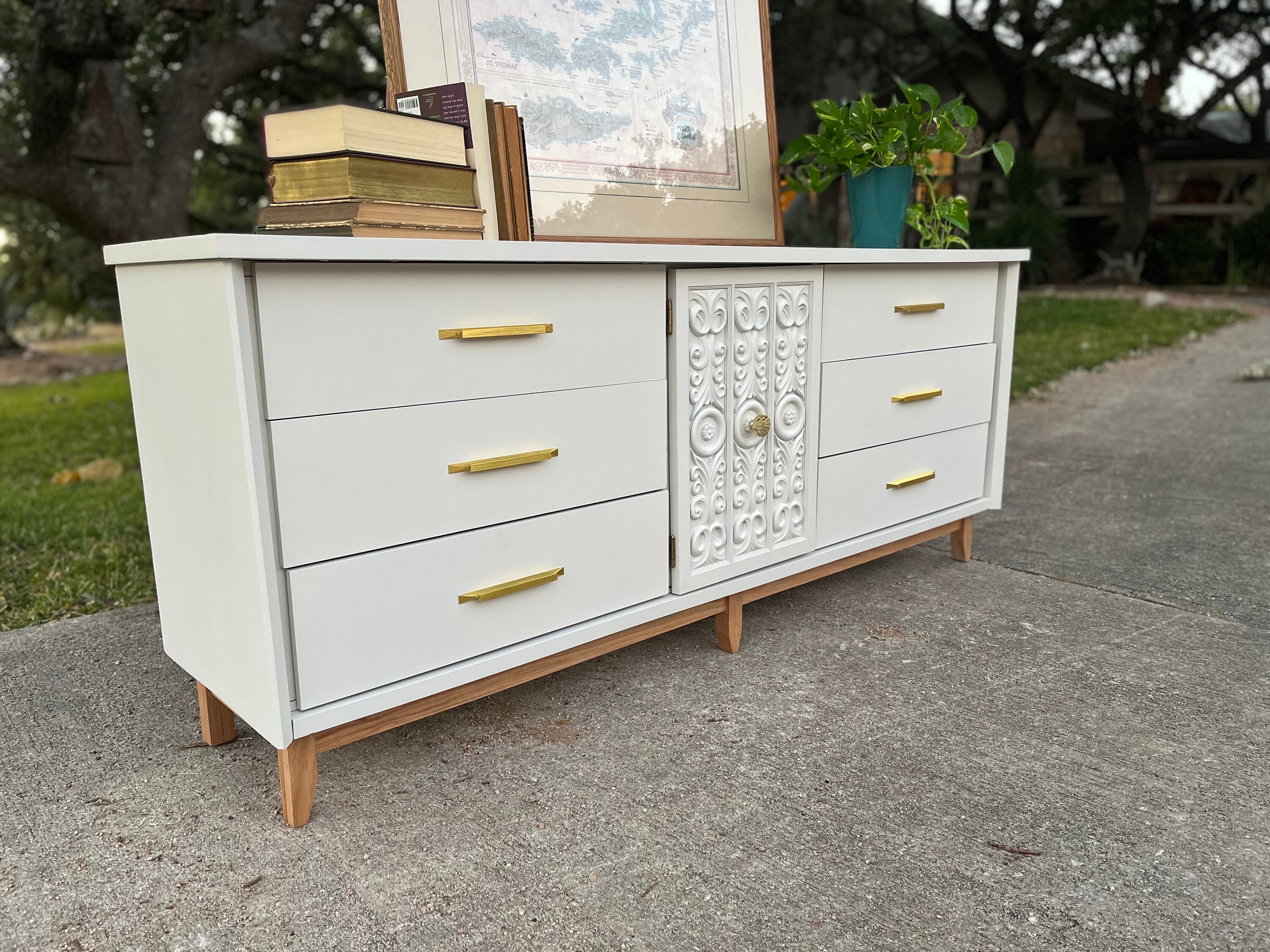 SOLD Refinished Mid Century Modern Sage / Green Dresser, Gold