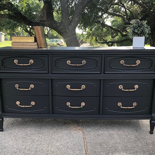 SOLD Refinished Traditional Black Dresser Gold Accents - Etsy