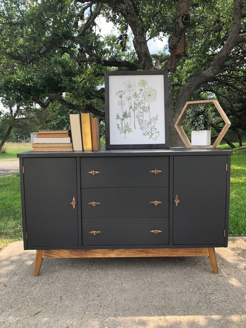 SOLD Refinished Mid Century Modern Black Dresser Brass Etsy