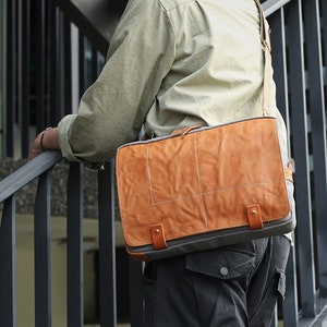Sac pour ordinateur portable 13 pouces, sac messager en toile pour hommes avec bandoulière réglable, sac à bandoulière en cuir robuste durable et hydrofuge, gris