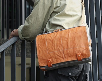 13 zoll Laptoptasche, Canvas Messenger Bag Herren mit verstellbarem Schultergurt, Strapazierfähige und wasserabweisende robuste Leder Crossbody Bag, Grau