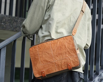 Messenger Bag Men, 13inch Laptop Bag with Adjustable Shoulder Strap, Durable and Water-Repellent Rugged Leather Crossbody Bag, Green