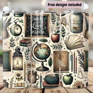 Vintage Teacher Tumbler Wrap PNG  Earthy School Sublimation Design  Globe Apple Chalkboard Book  6 Free Wraps  20oz PNG File