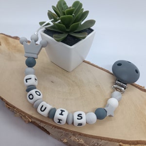 Attache tétine personnalisée couronne attache sucette 100% silicone plusieurs coloris prénom bébé cadeau naissance 👑 Gris clair/gris F