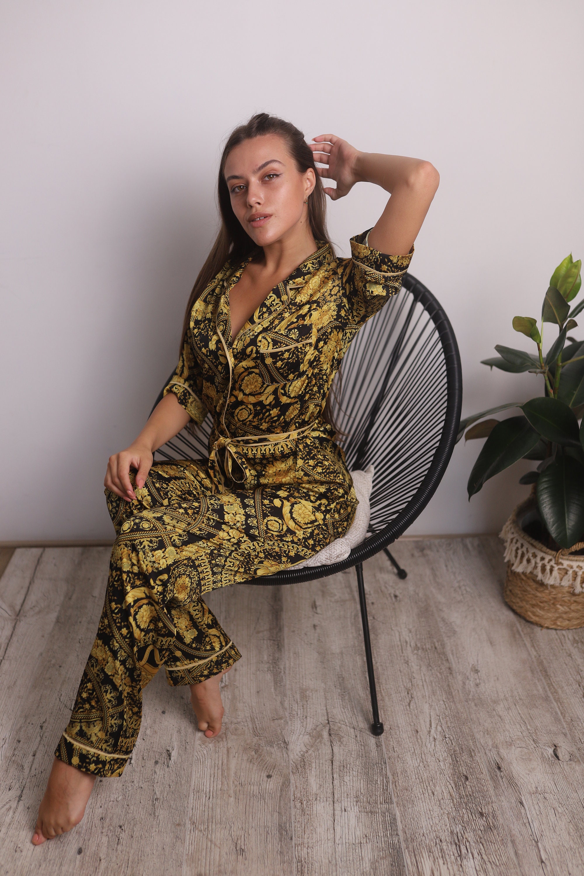 Silk Printed Pyjama Set of 3 Pieces jacket Pant Short Etsy UK