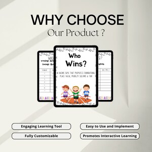 May include: Three tablets displaying a racing game titled "Who Wins?" with cartoon children. The game promotes foundational place value, problem-solving, and fun. Text at the top reads "WHY CHOOSE Our Product?" with additional text boxes below.