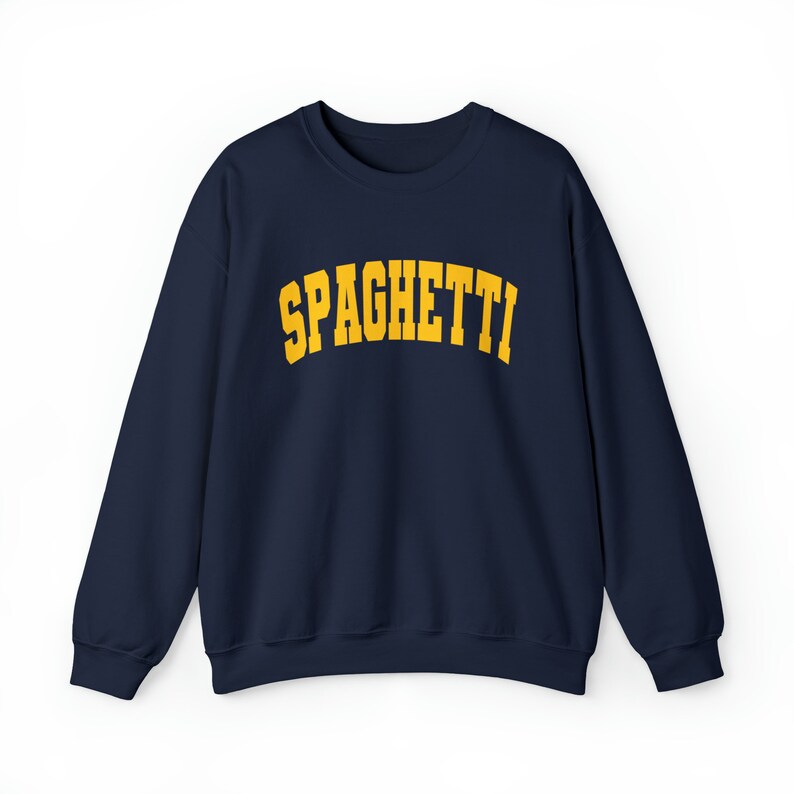 May include: A navy blue sweatshirt with the word "SPAGHETTI" printed in yellow on the front.