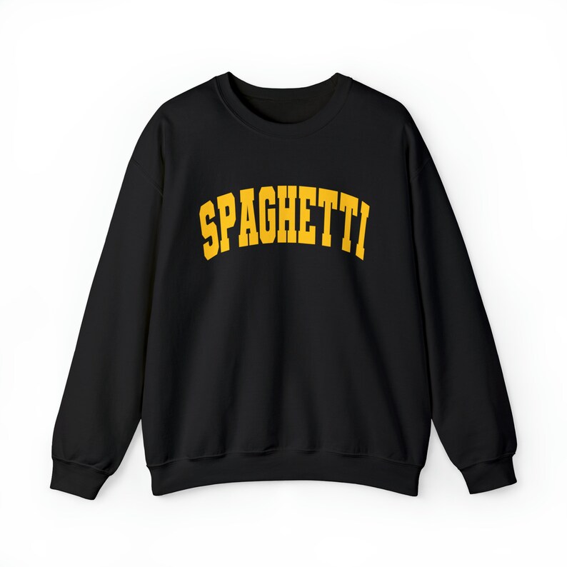May include: Black sweatshirt with a yellow arch design that says "SPAGHETTI".