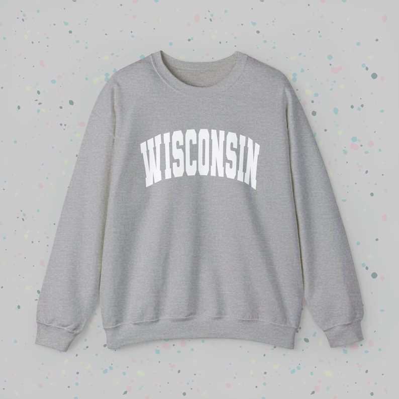 May include: A gray sweatshirt with the word "WISCONSIN" printed in white on the front.
