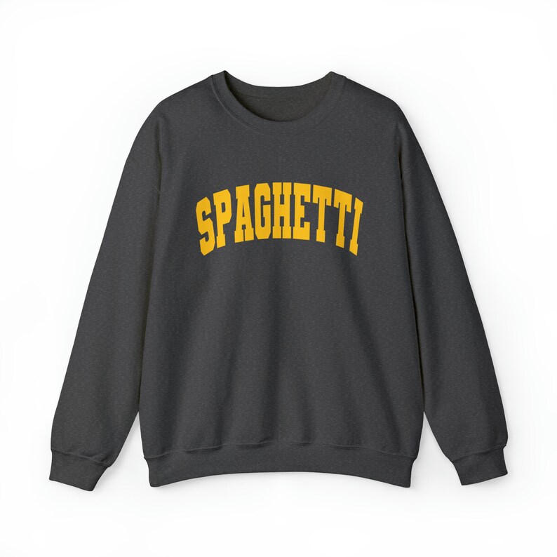 May include: A dark gray sweatshirt with the word "SPAGHETTI" printed in yellow on the front.