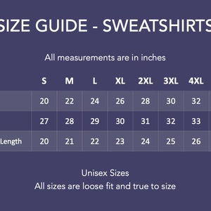 Puede incluir: Tabla de tallas para sudaderas en pulgadas. La tabla muestra el ancho, la longitud y la longitud de la manga para las tallas S a 5XL.