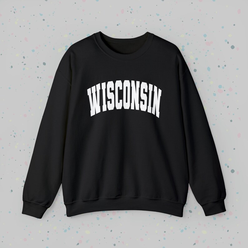 May include: Black sweatshirt with white text that reads "WISCONSIN" in an arched font.