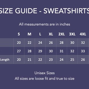 Puede incluir: Tabla de tallas para sudaderas en pulgadas. La tabla muestra el ancho, la longitud y la longitud de la manga para las tallas S a 5XL.