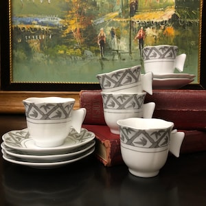 Butterfly Handle Silver Trim Classic Porcelain Czech Republic Design Demitasse Cup & Saucer Set | Set of 5 | Made in Czech Republic