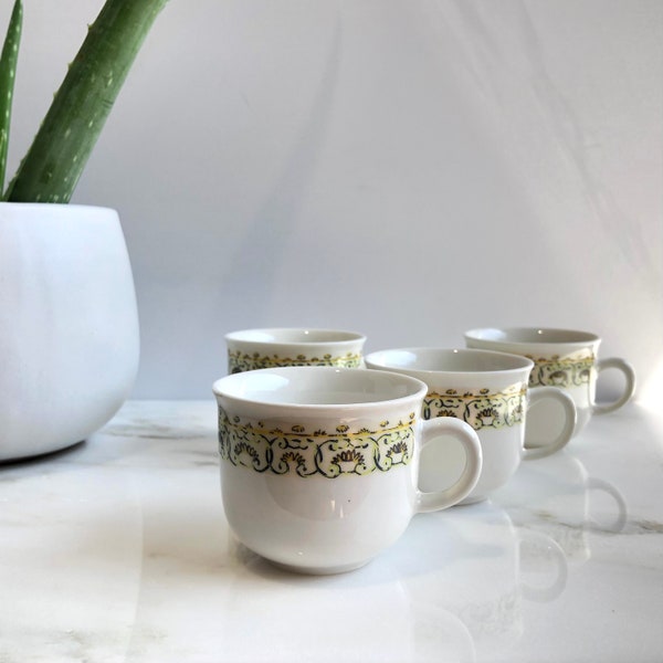 Demi-Tasse Espresso Coffee Cups | Banded Yellow and Green White Cups | Set of 4