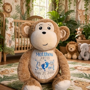 Personalized Stuffed Animal with Baby Birth Stats | Custom Embroidered Plush | Bear Bunny Cow Dog Cat Monkey | New Baby Gift Keepsake