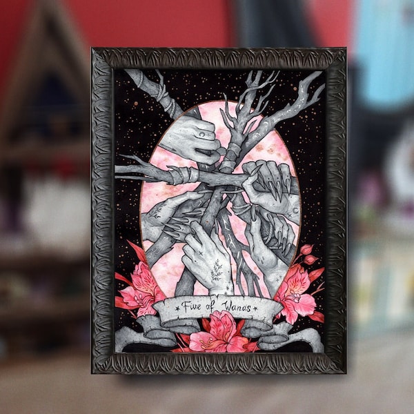 Framed original painting. 5 of Wands. Tarot card original art. Vampire Watercolor original art is in a gothic frame