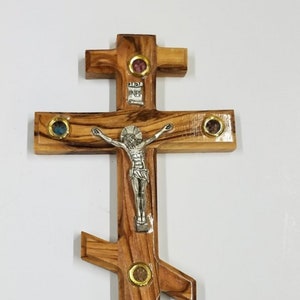 10 Inch Bethlehem Olive Wood Russian Patriarchal Orthodox Cross with Silver Plated Crucifix