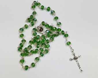 Green Glass Beads Rosary with Jerusalem Holy Earth Soil, Mary Medallion and Silver Plated Jesus Crucifix Comes in a Box
