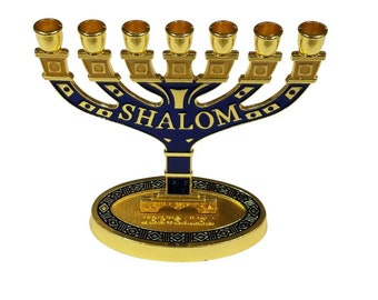 4" SHALOM Blue Enamel Decorative 7 Branch Menorah Judaica Candle Holder 12 Tribes of Israel