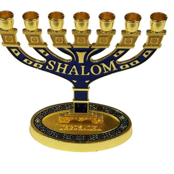 4" SHALOM Blue Enamel Decorative 7 Branch Menorah Judaica Candle Holder 12 Tribes of Israel