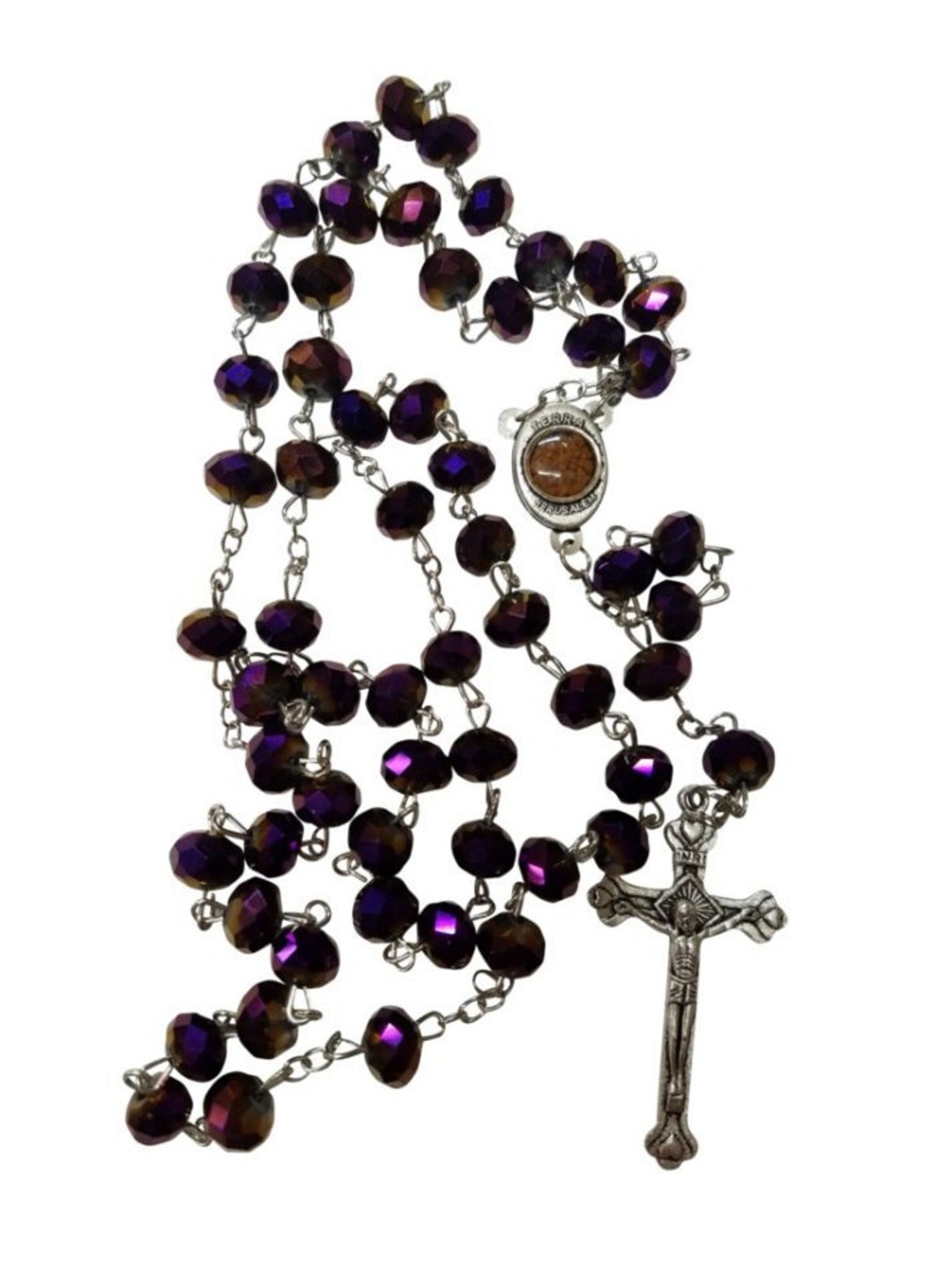 Purple Glass Beads Rosary With Jerusalem Holy Earth Soil Mary Etsy