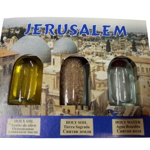 Set of 3 Holy Jerusalem Earth Soil, and Jordan River Water Souvenir Gift Pack from the Holy Land