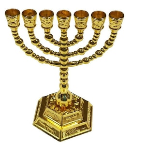 5&quot; Gold Plated 12 Tribes of Israel Small 7 Branch Menorah from the Holy Land