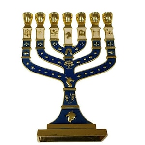 10 Inch Jewish Blue Enamel Decorative 7 Branch Menorah Judaica Candle Holder 12 Tribes of Israel