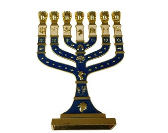 4.5" Blue Enamel Decorative 7 Branch Menorah Judaica Candle Holder 12 Tribes of Israel
