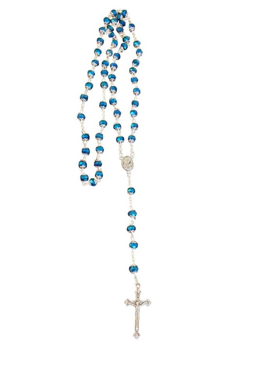 Nazareth Store Deep Blue Crystal Rosary - 21 Inch Men's Prayer Beads With Holy Soil Medal