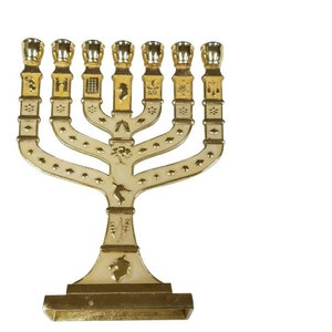 10 Inch Jewish Cream Enamel Decorative 7 Branch Menorah Judaica Candle Holder 12 Tribes of Israel