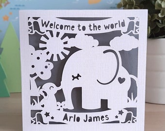 Personalised Elephant New Baby Card. Welcome to the world baby. Any name.