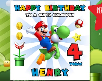 Personalised Super Mario Birthday Card. Mario & Yoshi. Son Birthday Card. Grandson Birthday. Nephew. 4th, 5th, 6th, 7th, 8th, 9th, 10th.