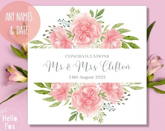 Personalised Pink Floral Wedding Anniversary Card. Wedding or Anniversary Keepsake Card. Any names.